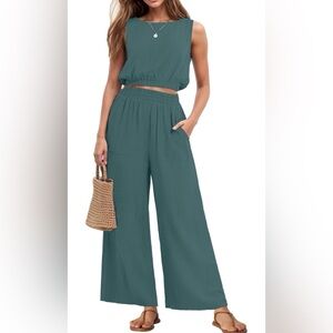 Teal Women's Wide-Leg Pants Crop Top Set